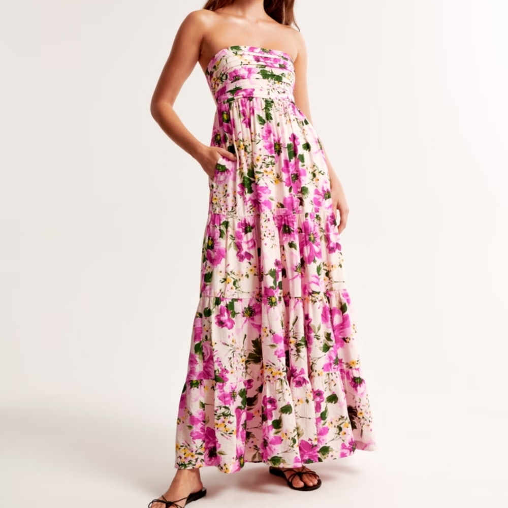 Abercrombie and Fitch Emerson Strapless floral pink white Maxi Dress Large tall
